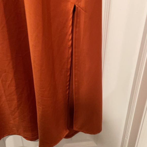 Pretty burnt orange silky spaghetti strap dress with two side slits going up leg - Picture 4 of 9